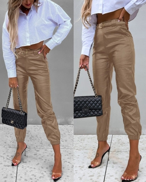 Leather High Waist Cuffed Pants