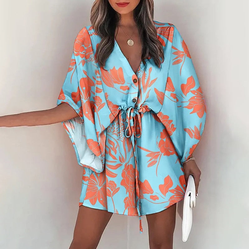 Casual V-Neck  Loose Boho Mini Dress