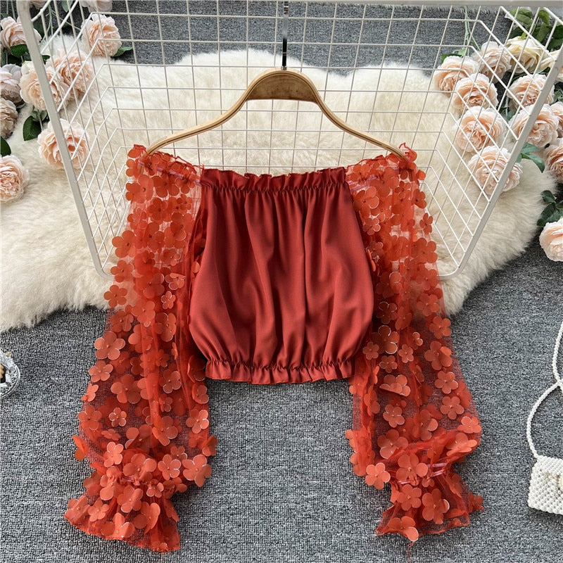 Sexy Off Shoulder Mesh Flower Long Sleeve Blouse