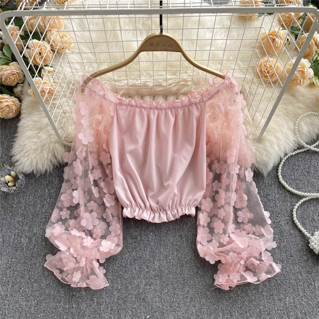 Sexy Off Shoulder Mesh Flower Long Sleeve Blouse