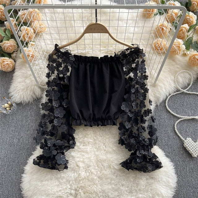 Sexy Off Shoulder Mesh Flower Long Sleeve Blouse