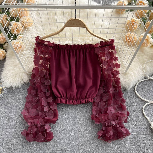 Sexy Off Shoulder Mesh Flower Long Sleeve Blouse