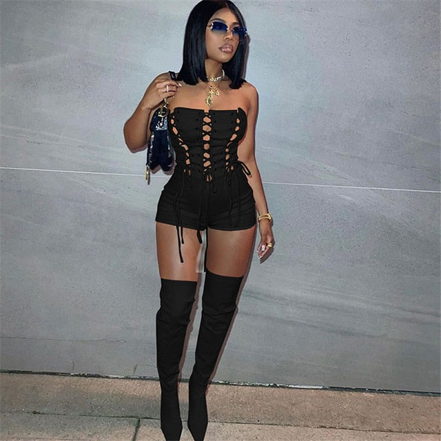 Strapless Lace-Up Hollow Out Bodycon Romper