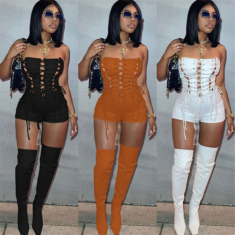 Strapless Lace-Up Hollow Out Bodycon Romper