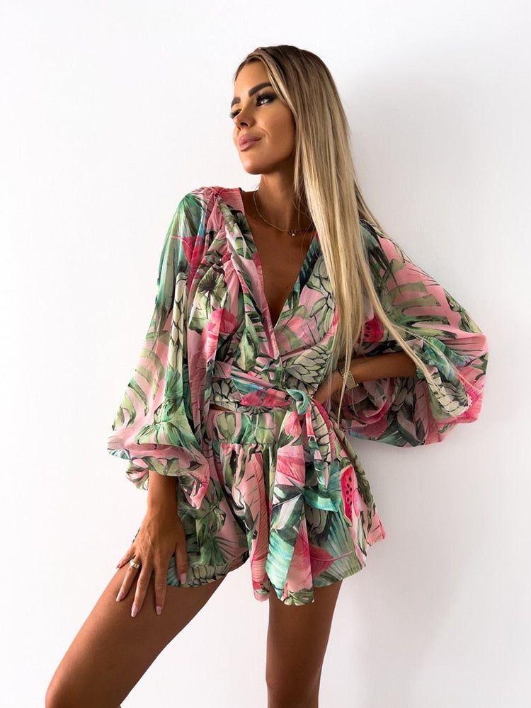 Casual Deep V Neck Print Lantern Jumpsuit