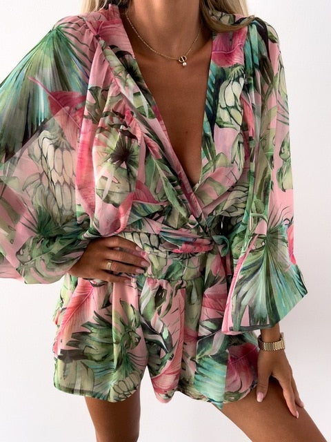 Casual Deep V Neck Print Lantern Jumpsuit