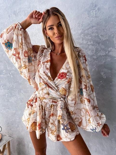 Casual Deep V Neck Print Lantern Jumpsuit