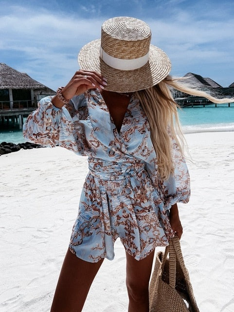 Casual Deep V Neck Print Lantern Jumpsuit