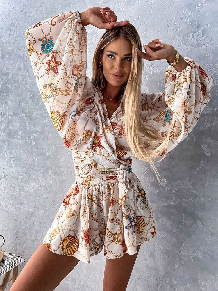 Casual Deep V Neck Print Lantern Jumpsuit