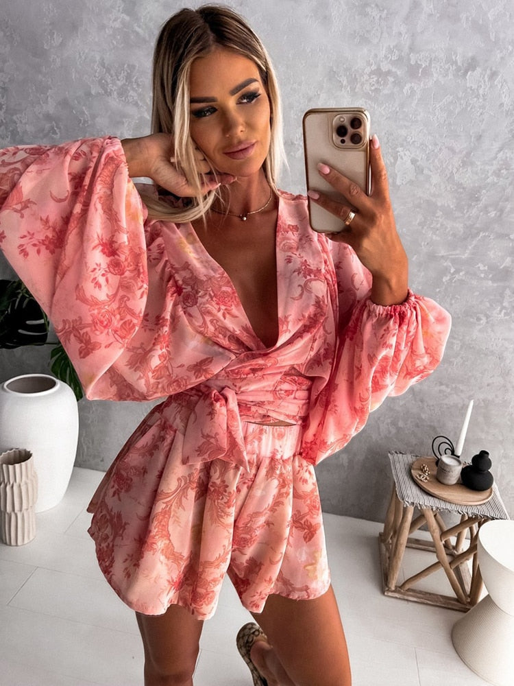 Casual Deep V Neck Print Lantern Jumpsuit