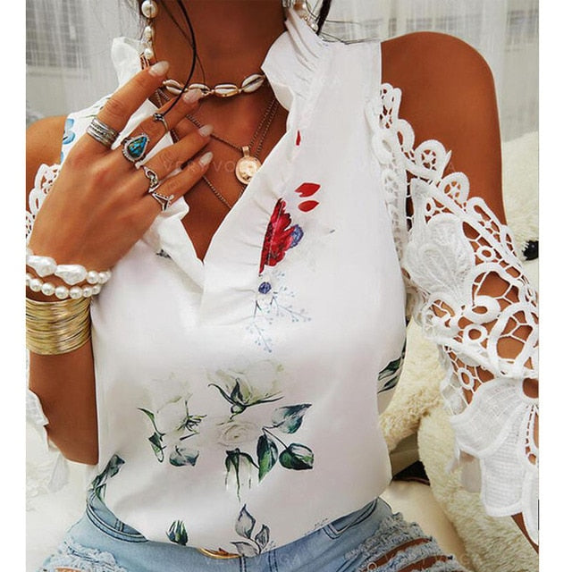 Hollow Out Printed V-Neck Elegant Blouse