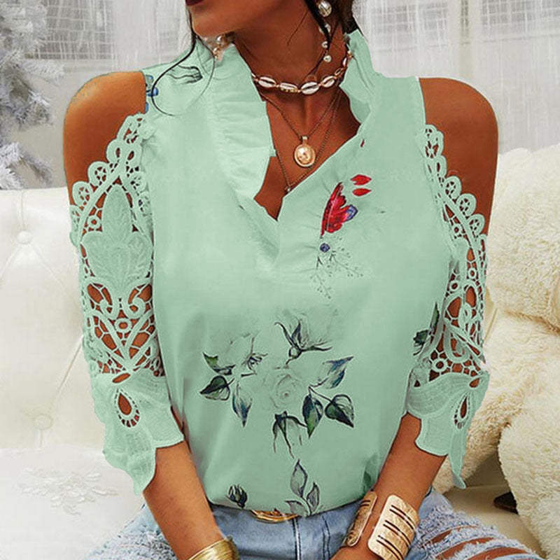 Hollow Out Printed V-Neck Elegant Blouse