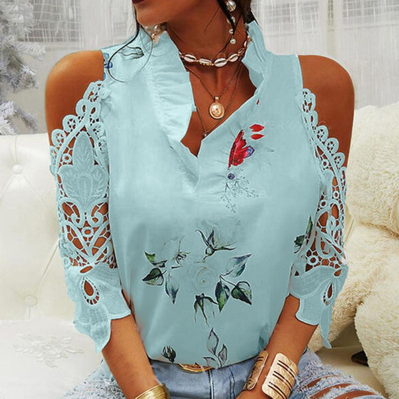 Hollow Out Printed V-Neck Elegant Blouse