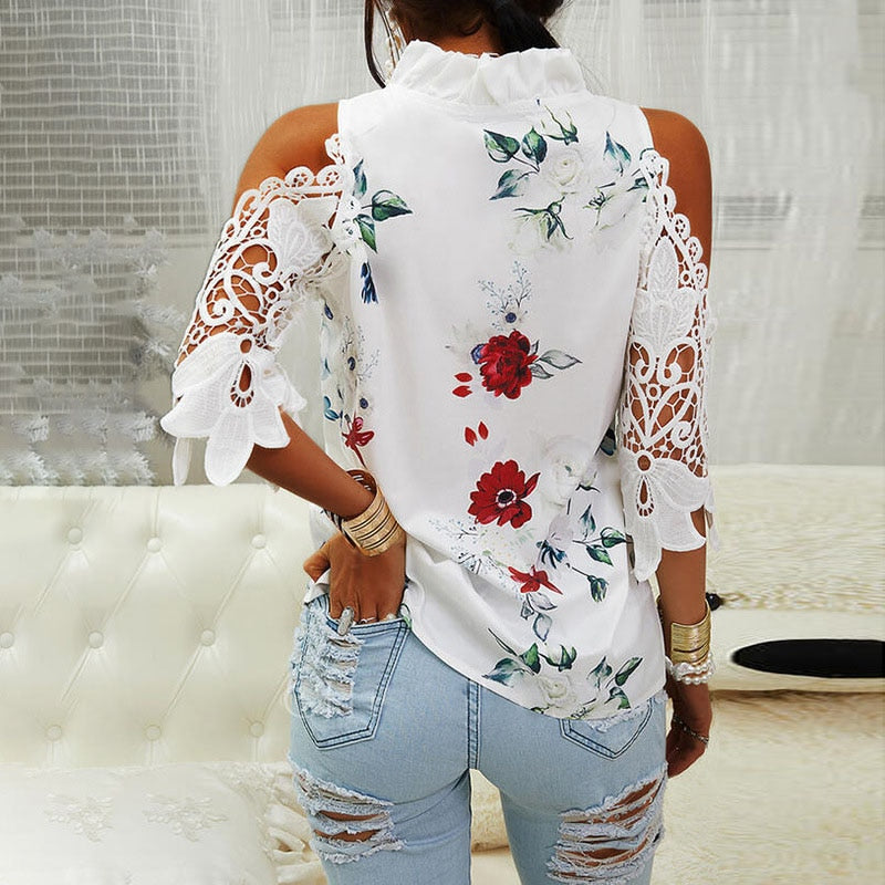 Hollow Out Printed V-Neck Elegant Blouse