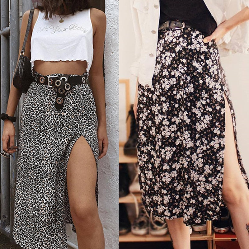 Leopard Print Split Skirts