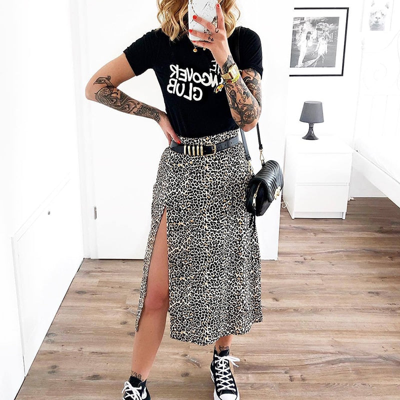 Leopard Print Split Skirts