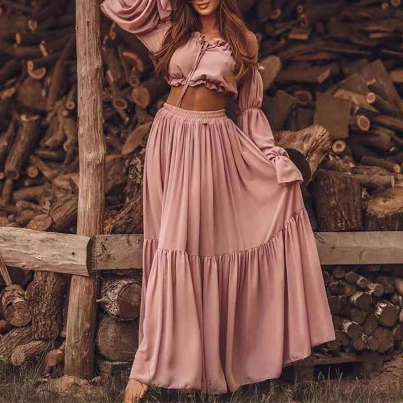 Off Shoulder Ruffle Tops & Slit Long Skirt