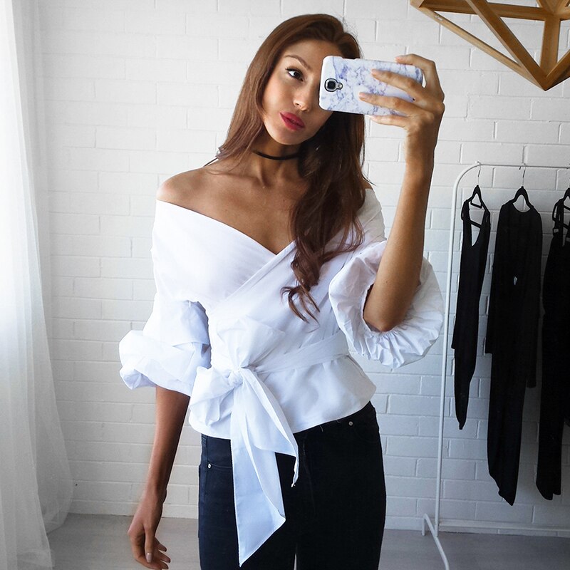 Deep V-Neck Off Shoulder Blouse