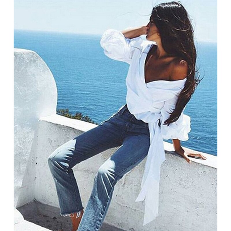 Deep V-Neck Off Shoulder Blouse