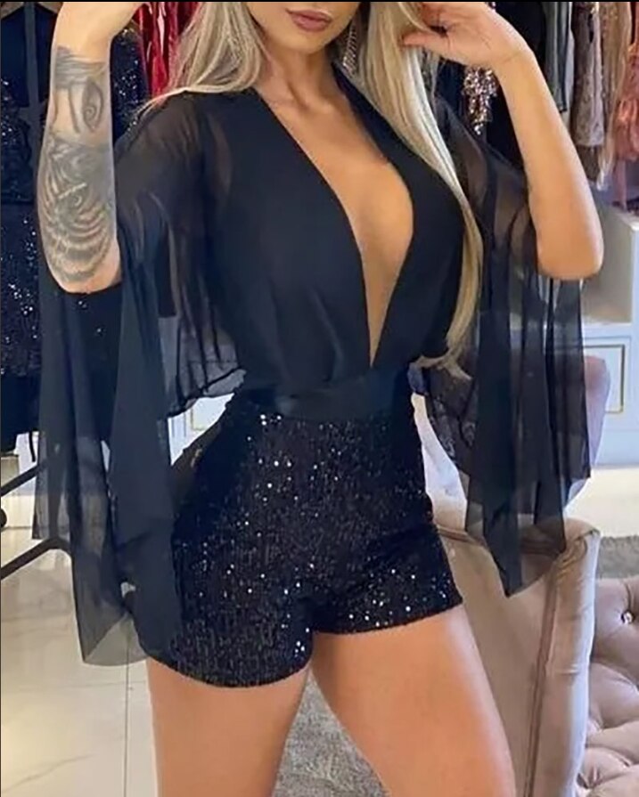 Plunge Sheer Long Sleeve Mesh Sequins Romper