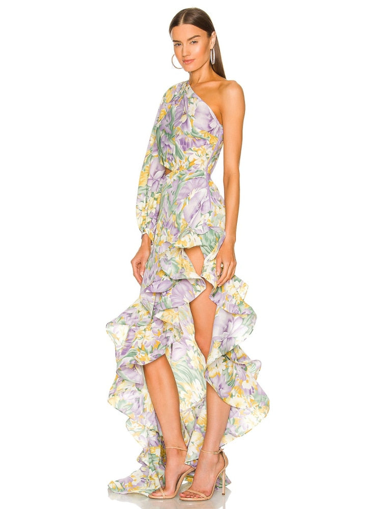 One Shoulder Floral Ruffle Dress