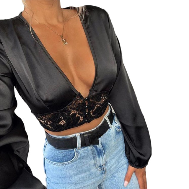 Deep V Neck Lace Floral Long Sleeve Top