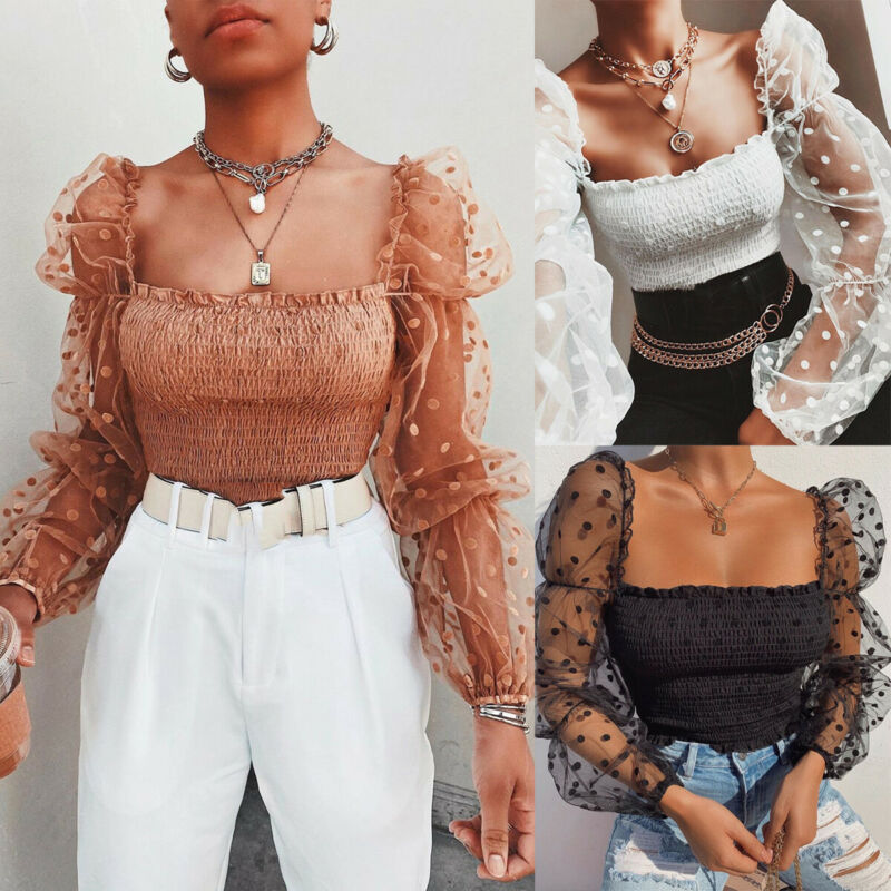 Mesh Sheer Puff Sleeve Blouse