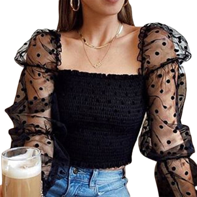 Mesh Sheer Puff Sleeve Blouse