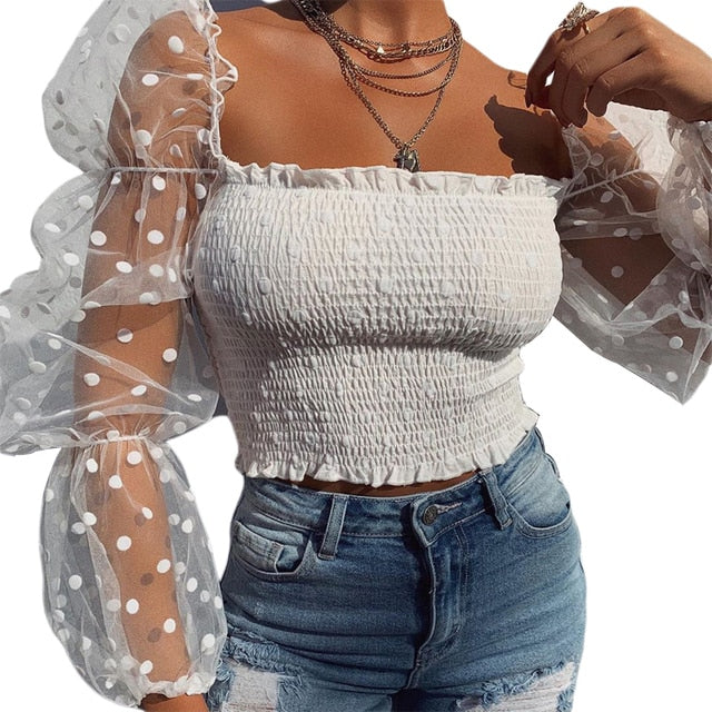 Mesh Sheer Puff Sleeve Blouse