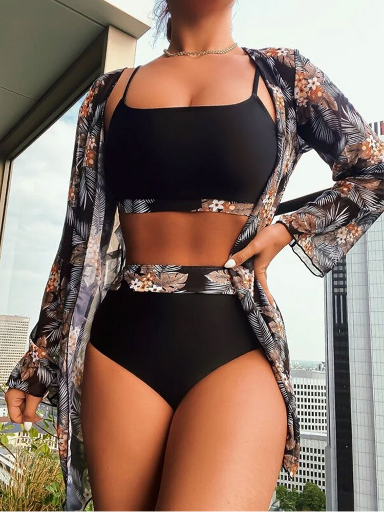 High Waisted 3 Pieces Cover-ups Long Sleeve Mesh Bathing Suit