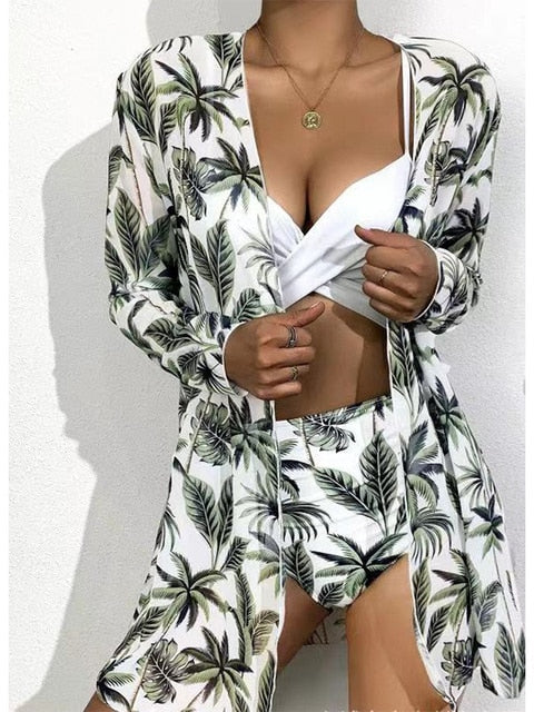 High Waisted 3 Pieces Cover-ups Long Sleeve Mesh Bathing Suit