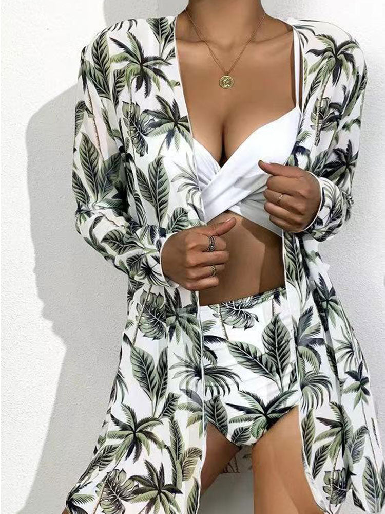 High Waisted 3 Pieces Cover-ups Long Sleeve Mesh Bathing Suit