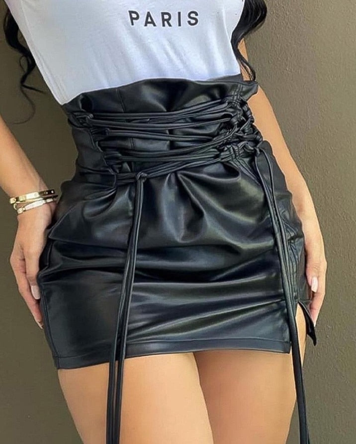 Lace-Up High Waist Pu Leather  Slit Mini Skirt