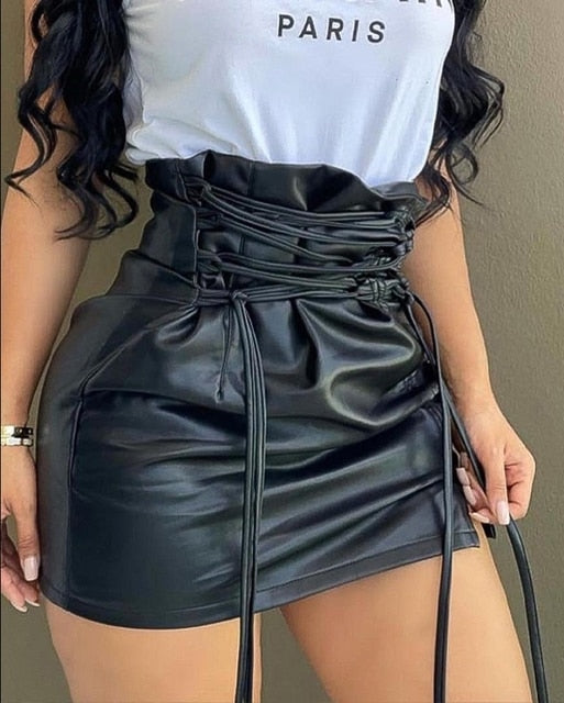 Lace-Up High Waist Pu Leather  Slit Mini Skirt