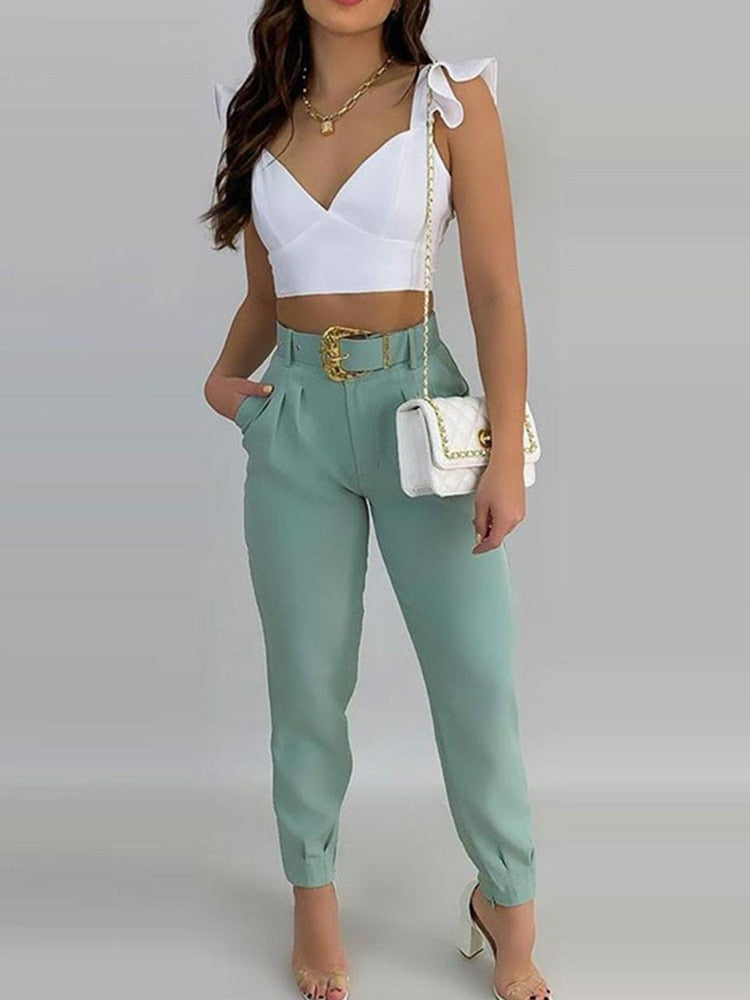 Ruffles Backless Knotted Crop Tops & Pocket Design Belted Pants Set