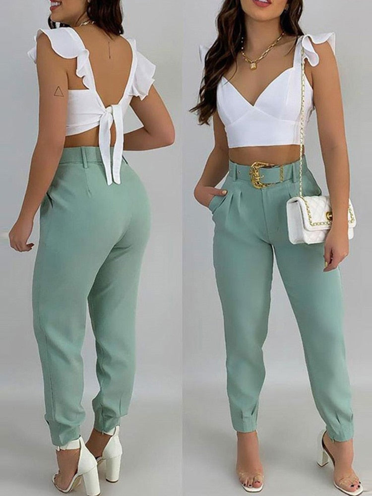 Ruffles Backless Knotted Crop Tops & Pocket Design Belted Pants Set