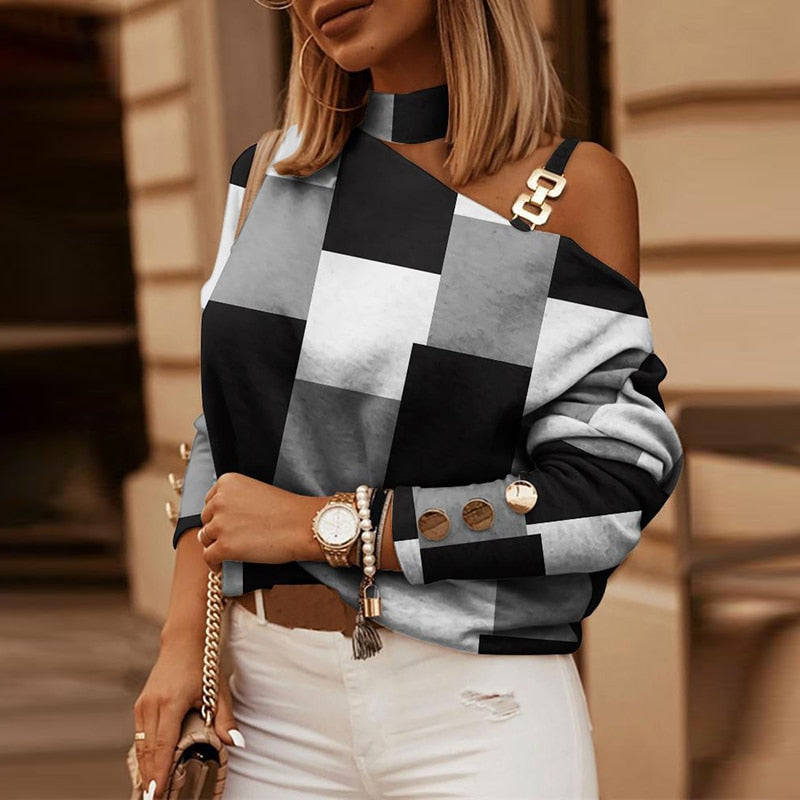 Elegant Off Shoulder Plaid Print Blouse