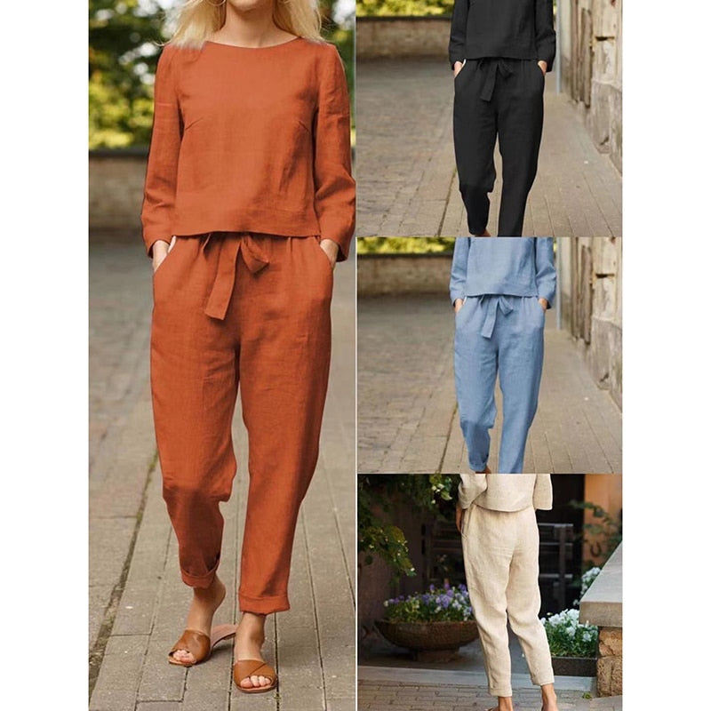 Elegant O Neck Top Shirt and Drawstring Casual Pants