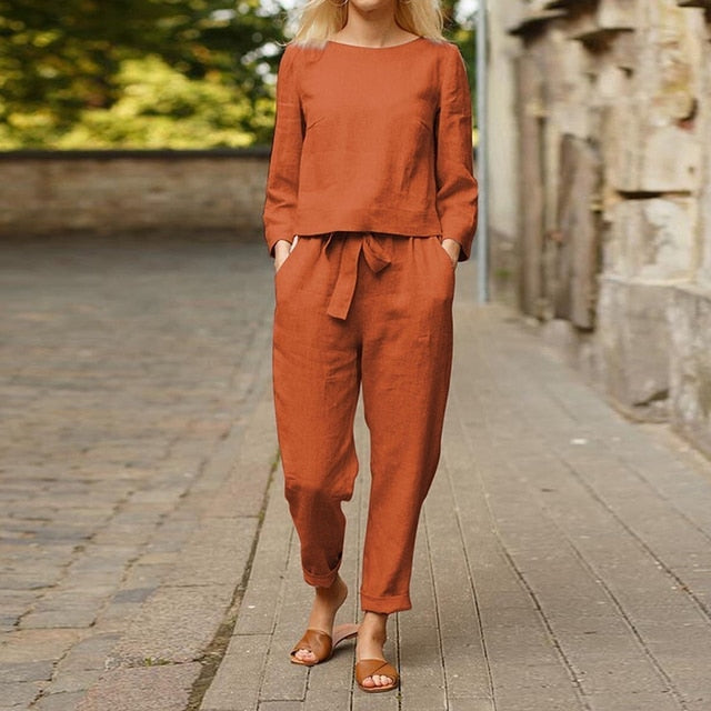 Elegant O Neck Top Shirt and Drawstring Casual Pants