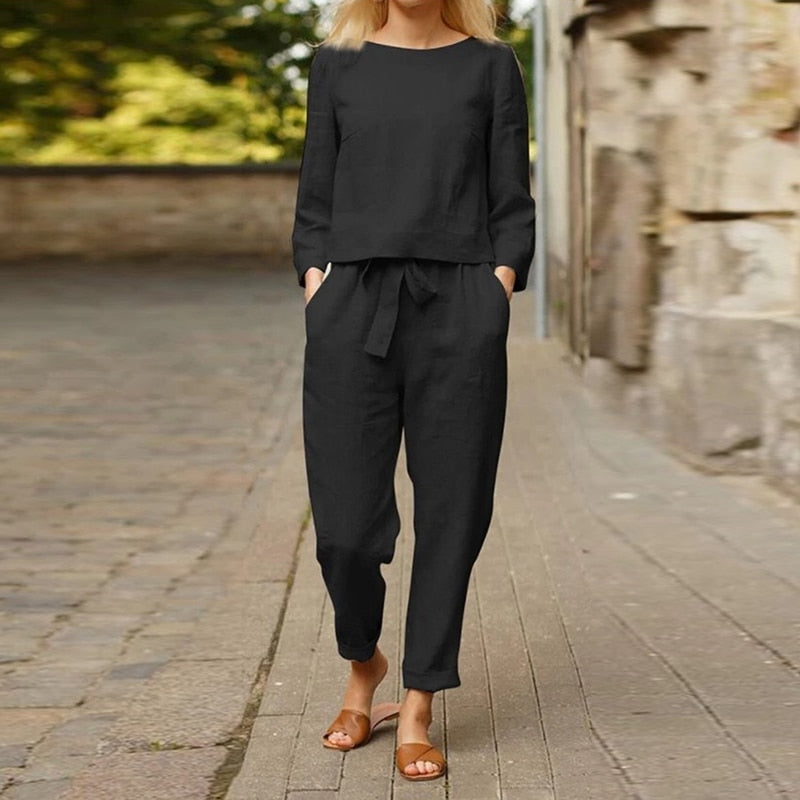 Elegant O Neck Top Shirt and Drawstring Casual Pants