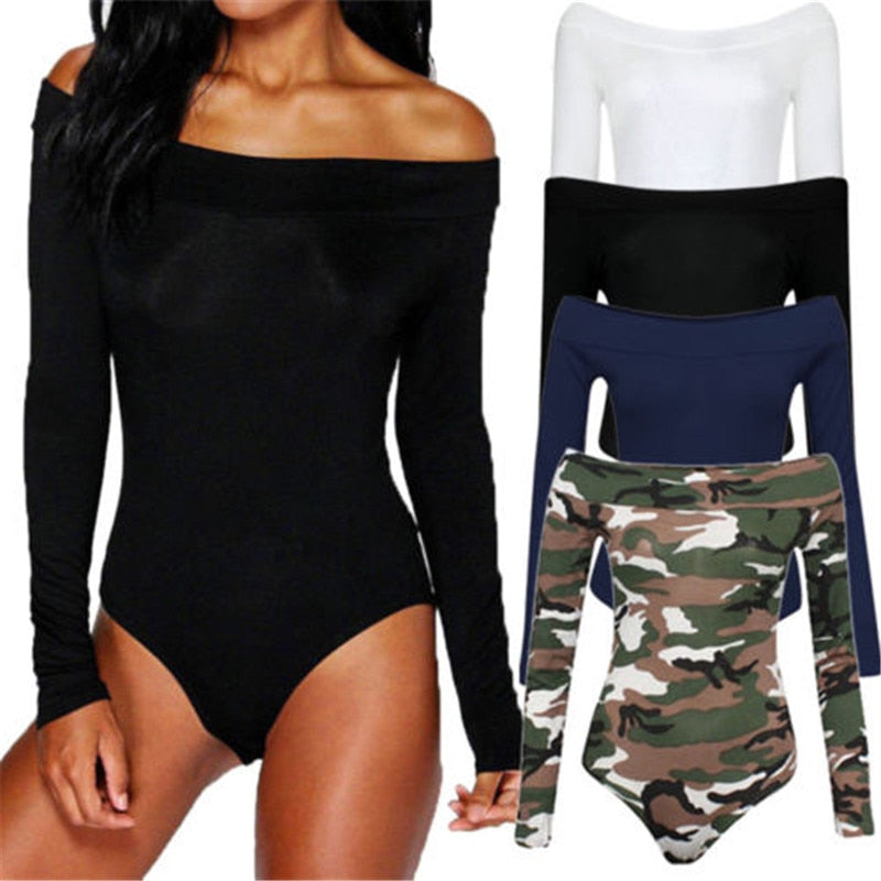 off shoulder long sleeve Camouflage bodycon bodysuit