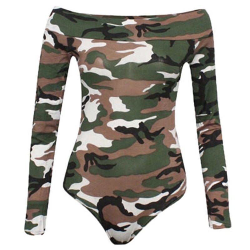 off shoulder long sleeve Camouflage bodycon bodysuit