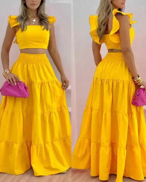 Ruffled Top and Long Skirt Two-piece Set