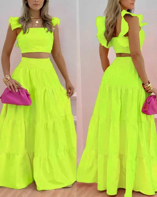 Ruffled Top and Long Skirt Two-piece Set