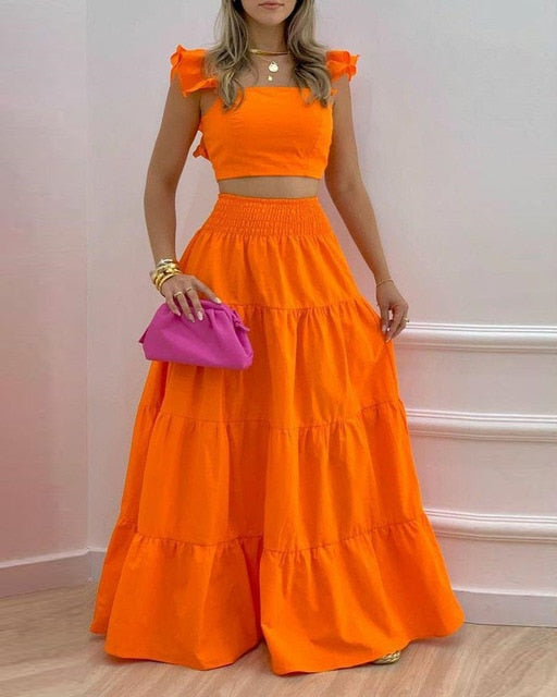 Ruffled Top and Long Skirt Two-piece Set