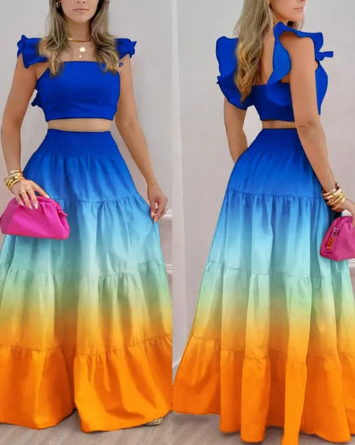 Ruffled Top and Long Skirt Two-piece Set