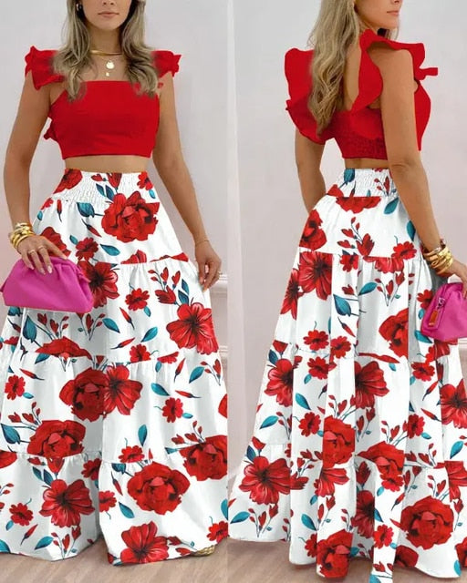 Ruffled Top and Long Skirt Two-piece Set