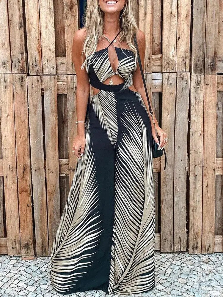 Sexy Halter Neck & Hollow Out Wide Leg Jumpsuit