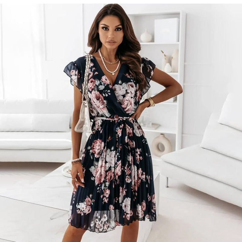 Floral V-neck Chiffon Ruffles Dress