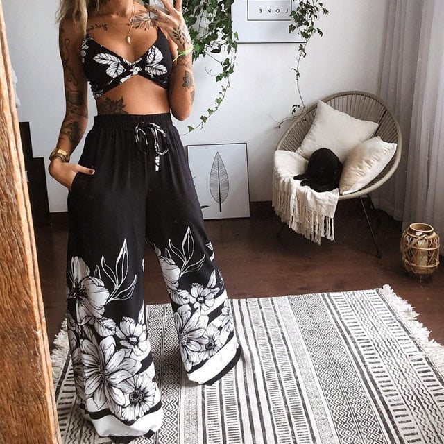 Casual Butterfly Print Bra Top & Wide Leg Pants